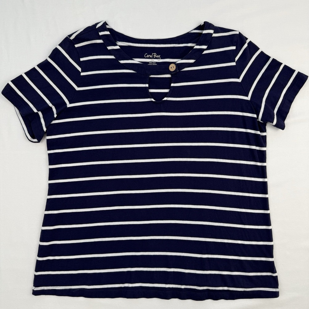 Coral Bay Women's XL Shirt Blue‎ White Striped Top Short Sleeve Blouse Nautical